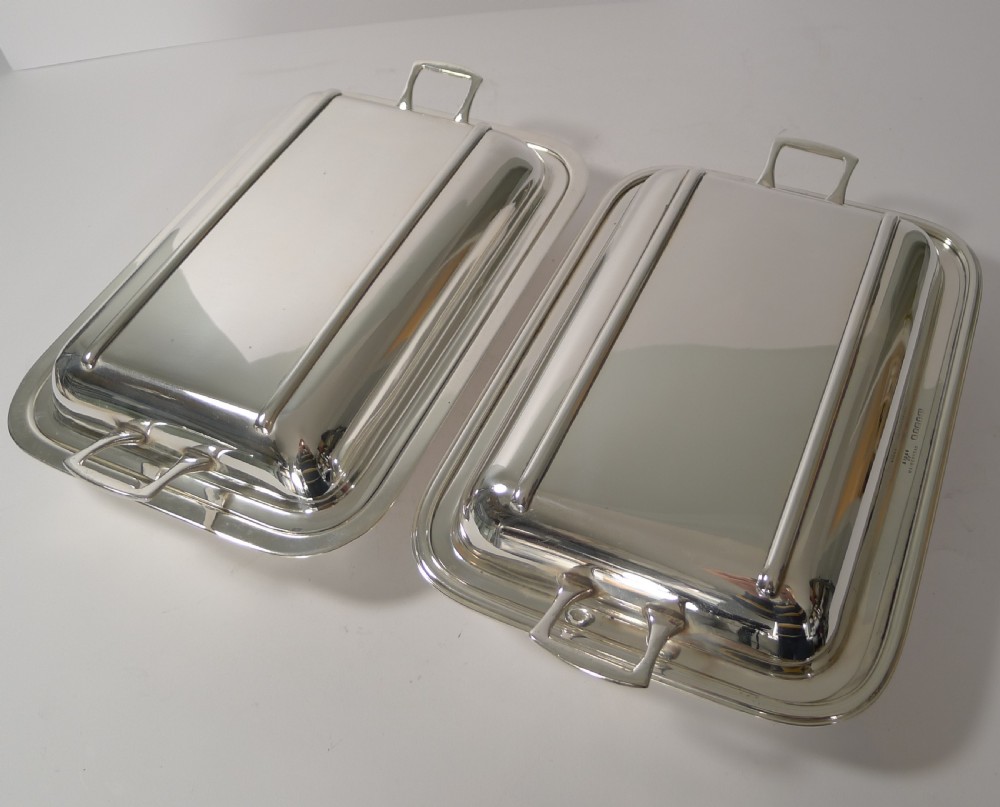 pair art deco silver plated entree serving dishes c1930