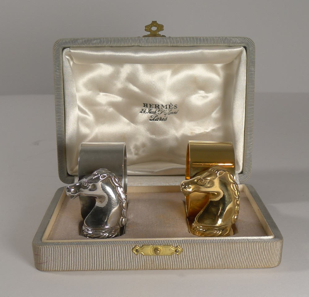 pair vintage cased horse head napkin rings by hermes paris