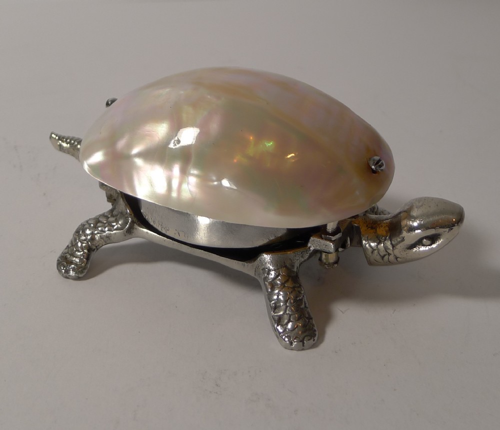 rare tortoise mechanical desk bell with mother of pearl shell