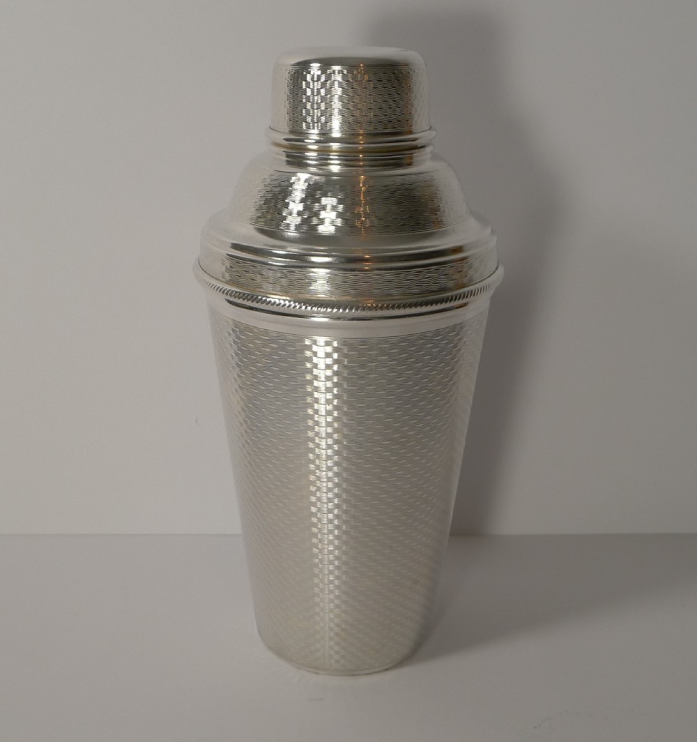 english art deco silver plated cocktail shaker engine turned