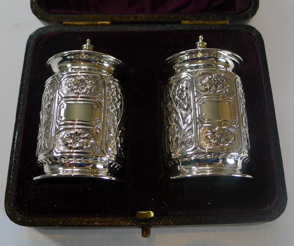 boxed pair antique english sterling silver pepper pots 1894