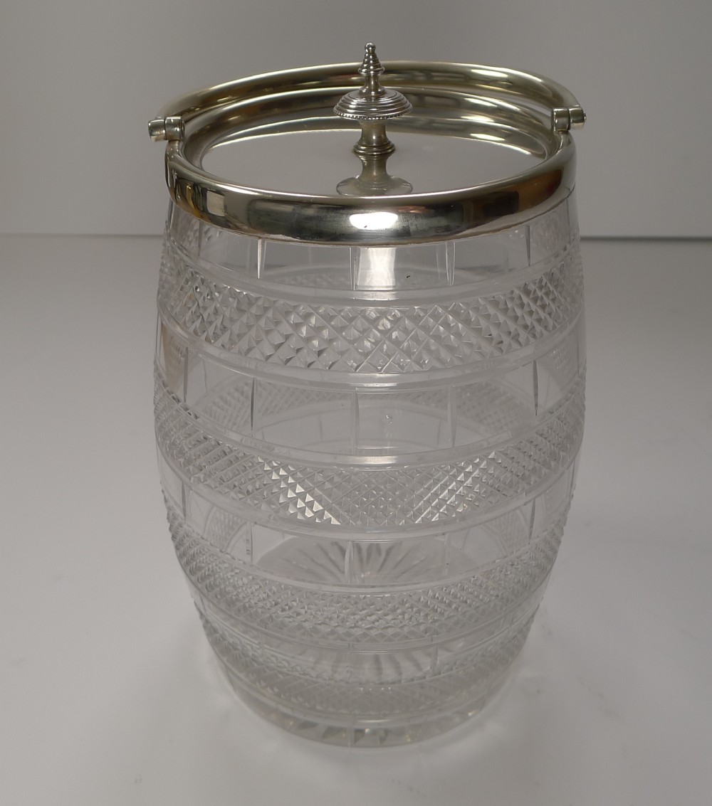quality antique english cut glass silver plate biscuit box barrel c1860