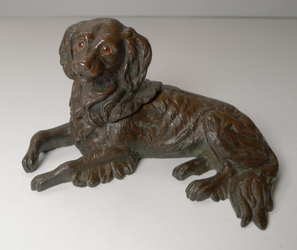 antique english bronze dog inkwell king charles spaniel c1880