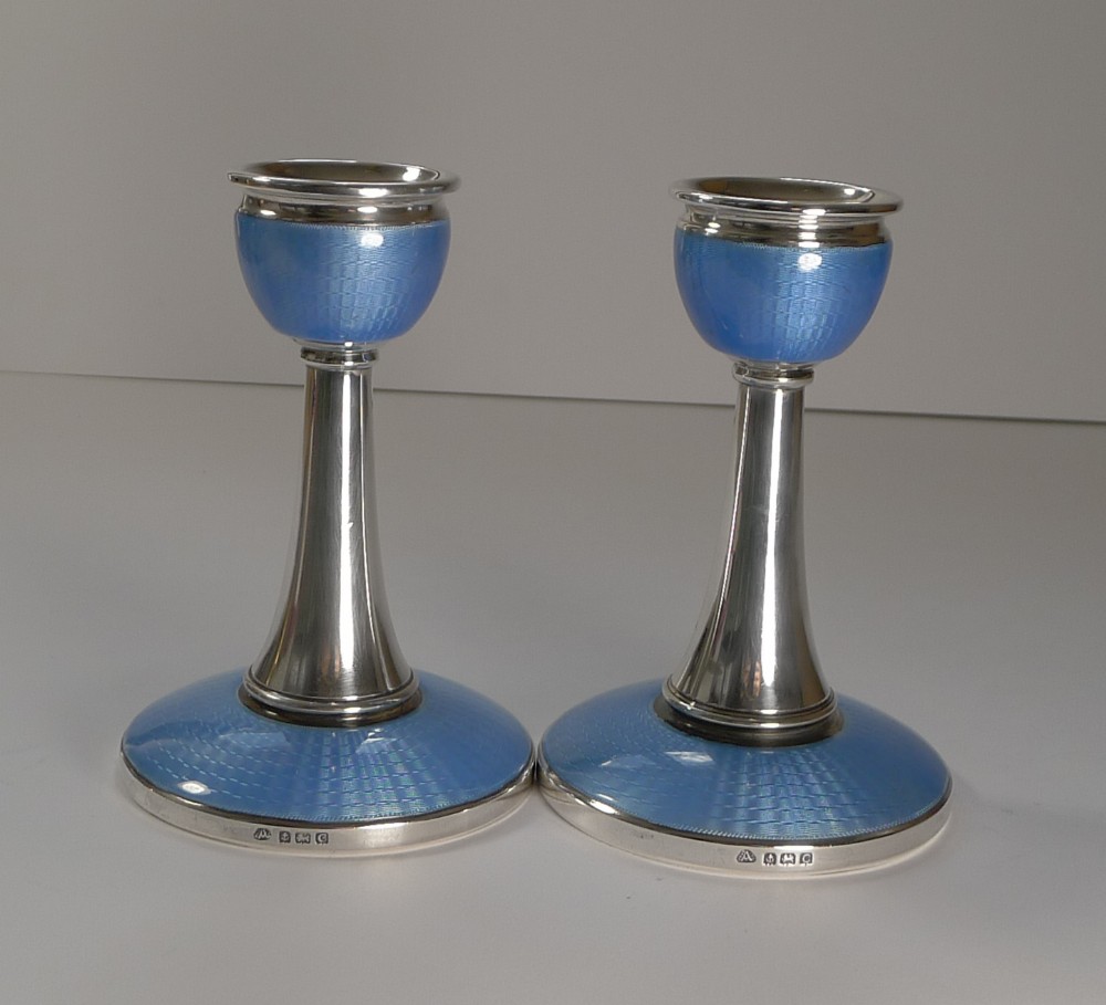 pair english sterling silver blue guilloche enamel candlesticks 1927