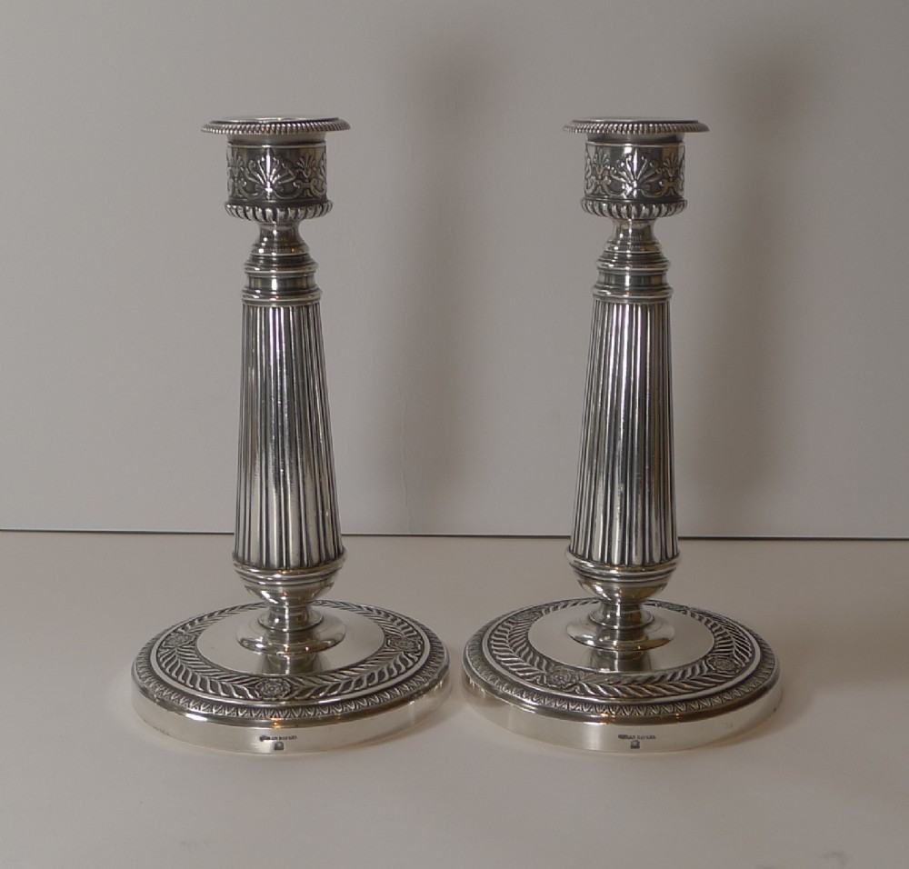 top quality pair french silver plated candlesticks by cailar bayard paris c1900