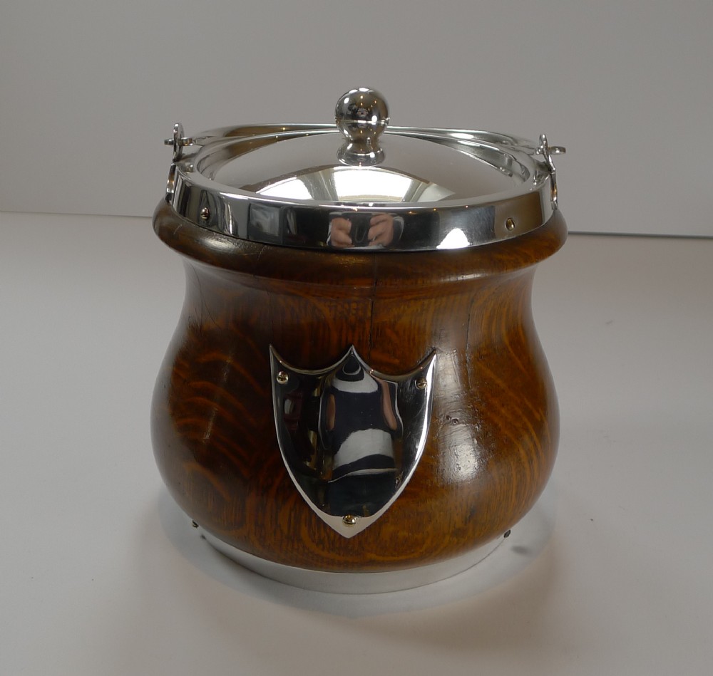 oak and silver plate biscuit box barrel by john grinsell co c1890