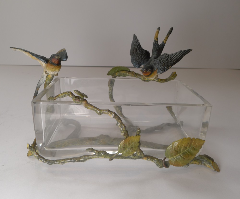 magnificent crystal box cold painted bronze wrapped swallows c1900