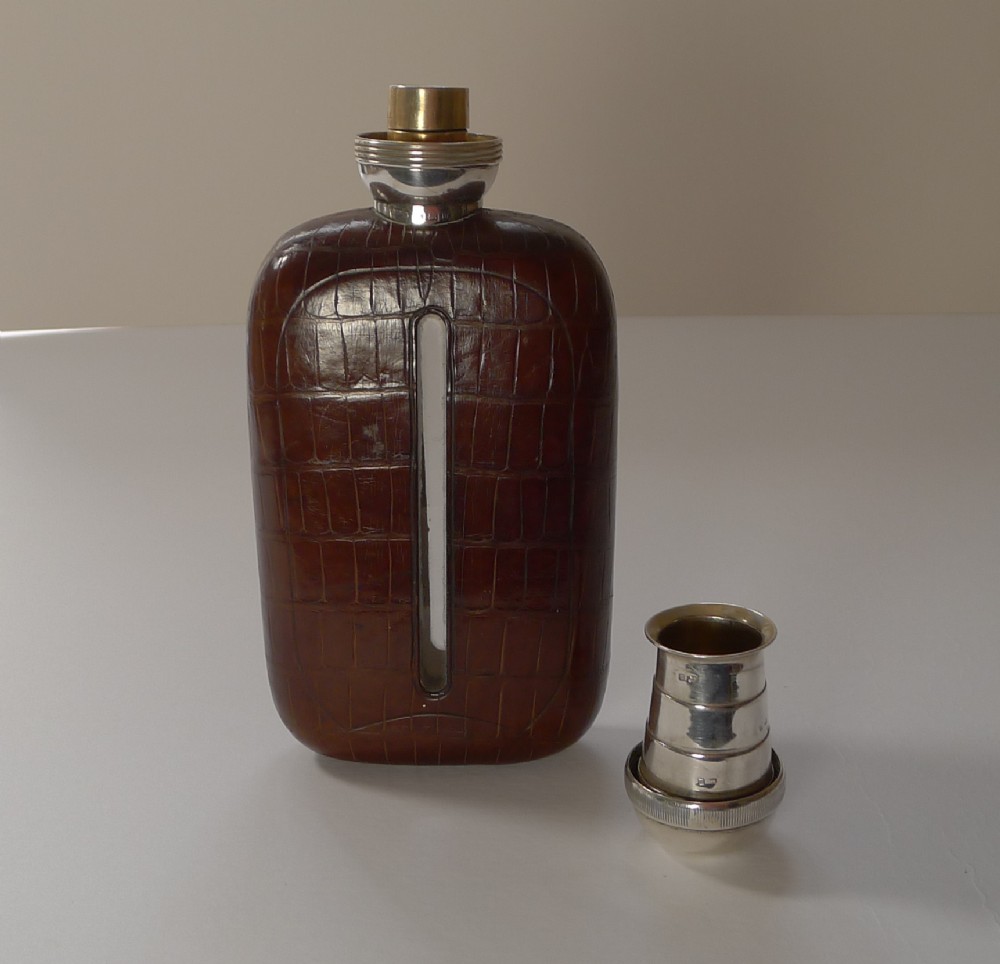 rare crocodile sterling silver hip spirit flask with collapsable cup 1911