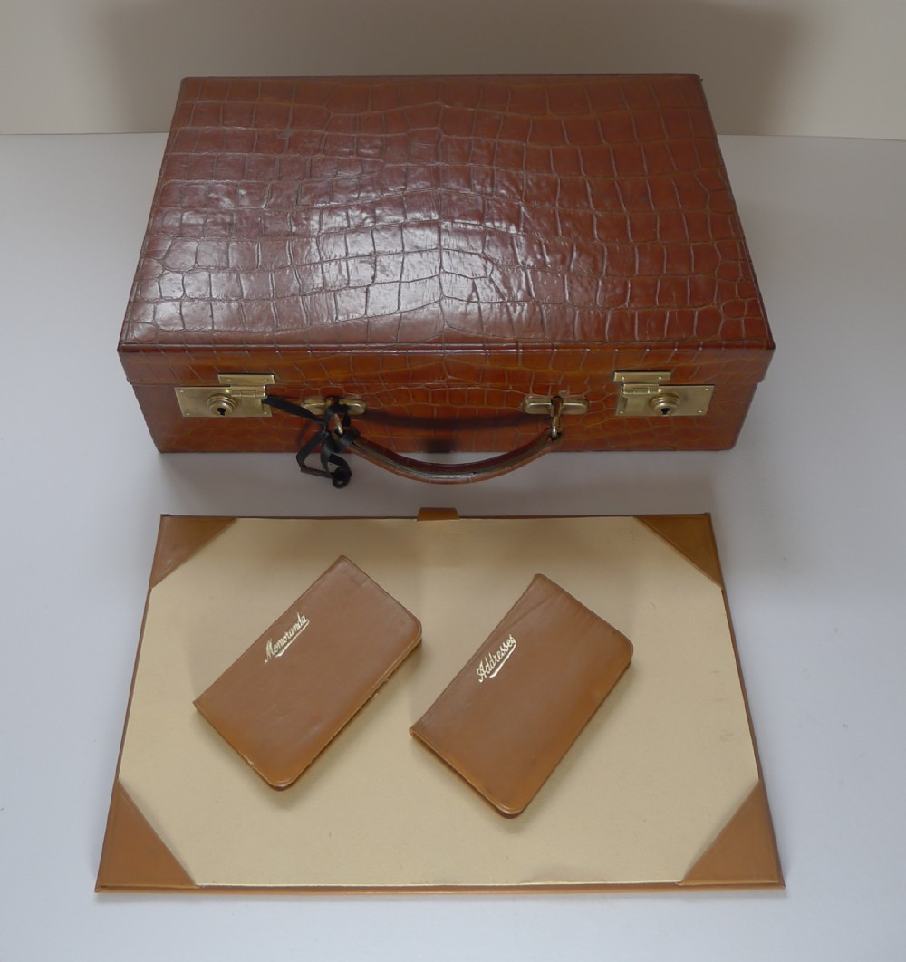 smart antique crocodile writing box case c1920