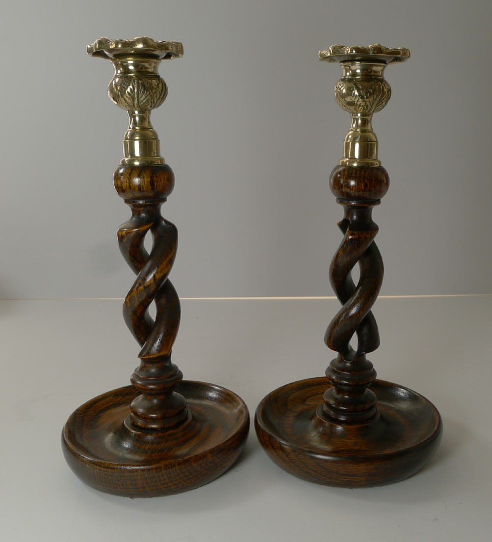 pair 10 antique english oak barley twist candlesticks brass thistle tops