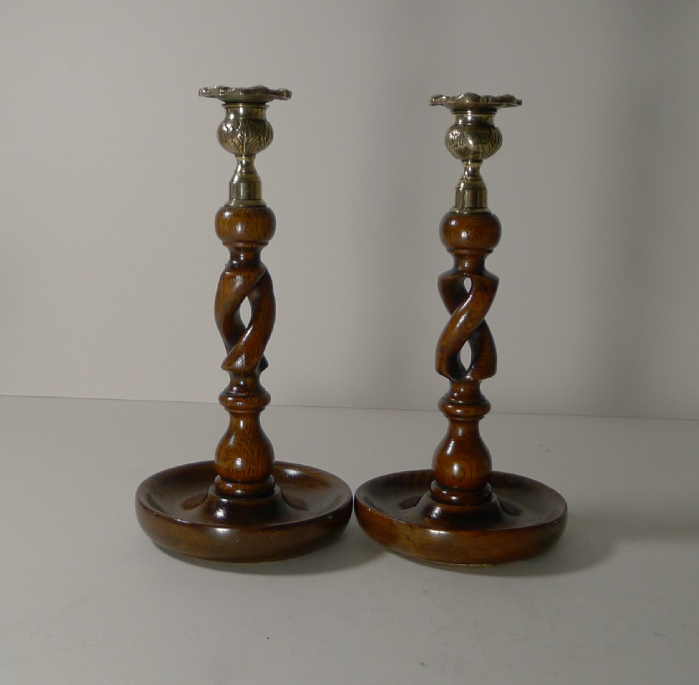 pair 10 antique english oak barley twist candlesticks brass thistle tops