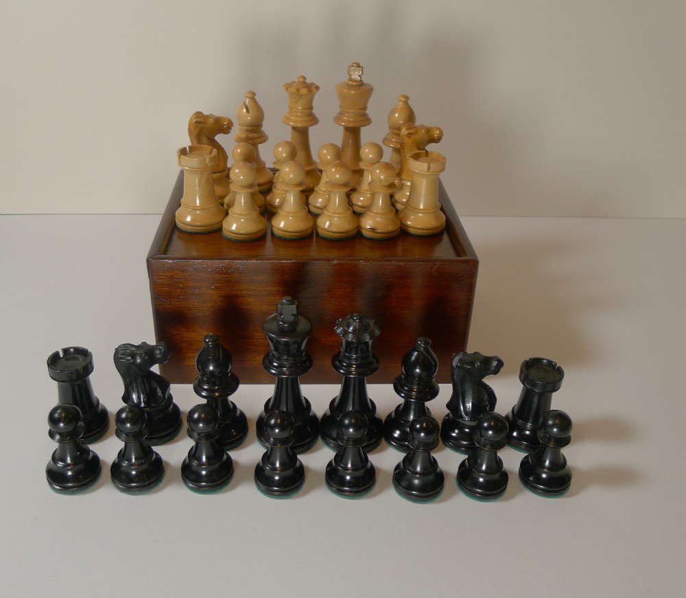 antique english boxwood chess set with storage box c1910