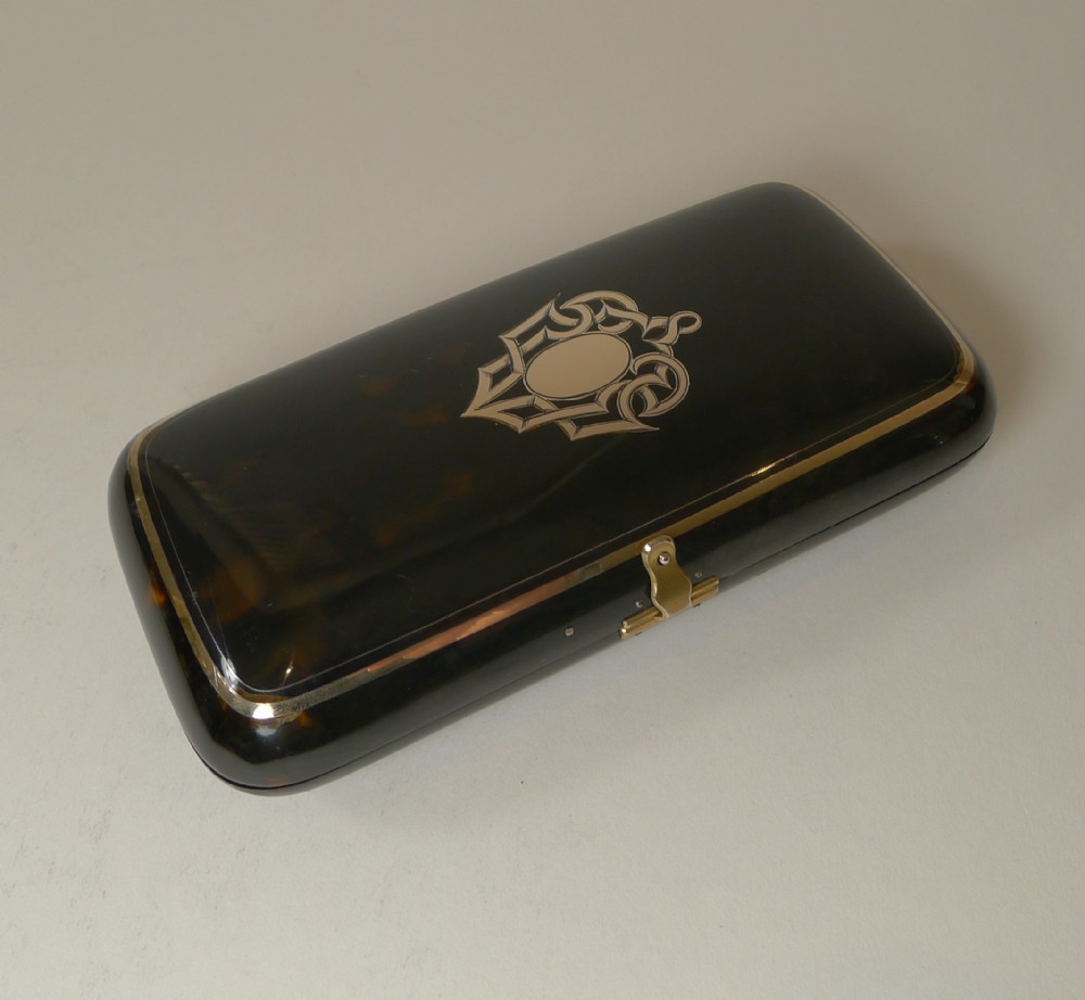 opulent antique tortoise shell cigar case gold pique inlay