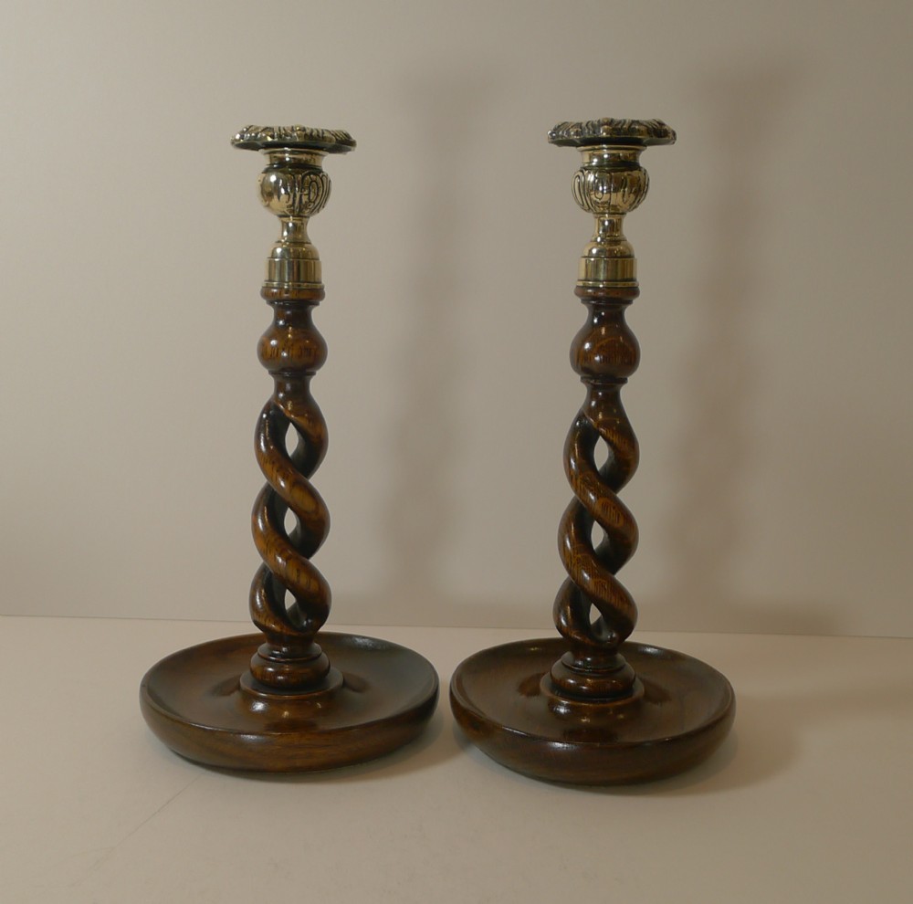 pair 10 12 antique english oak barley twist candlesticks brass thistle tops
