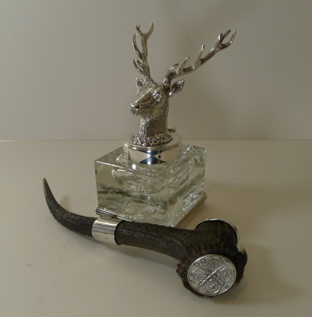 grand cut glass silver plate horn stag inkwell c1901