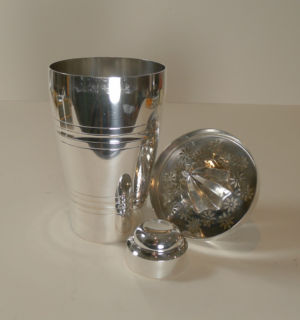 french art deco cocktail shaker with lemon reamer c1930 by st medard paris