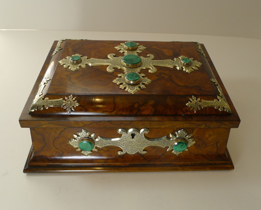outstanding games box in burl walnut brass and malachite c1880
