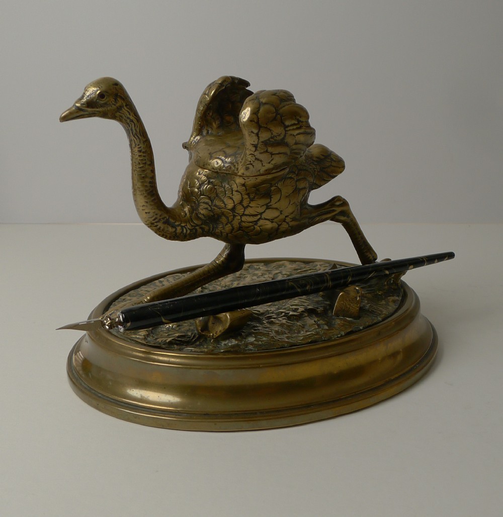antique english figural novelty ostrich inkwell c1880