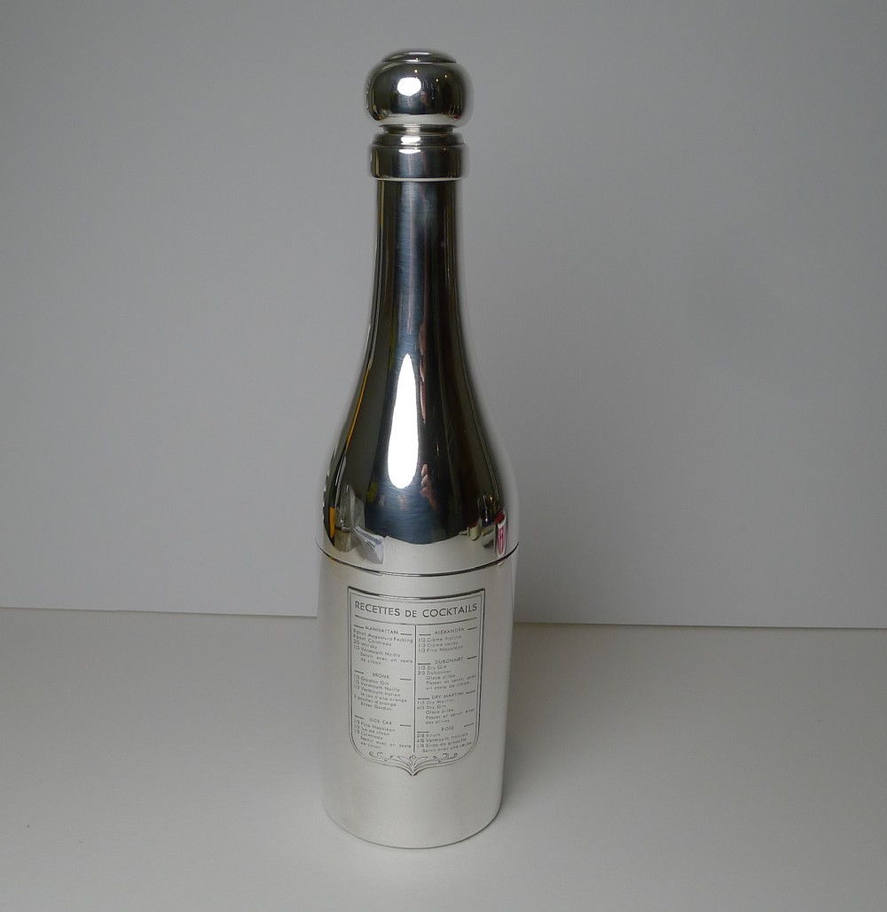 french silver plated champagne bottle recipe cocktail shaker c1930