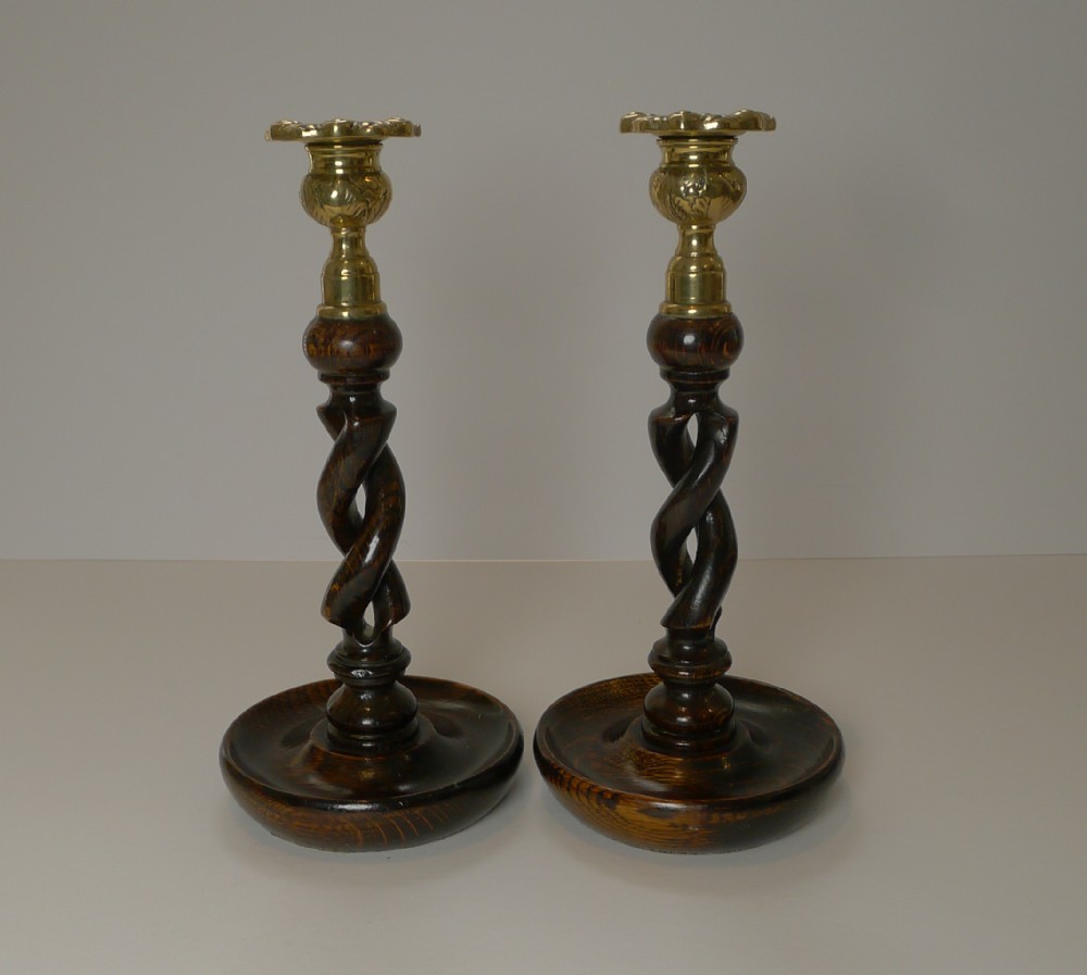 pair antique english oak barley twist candlesticks