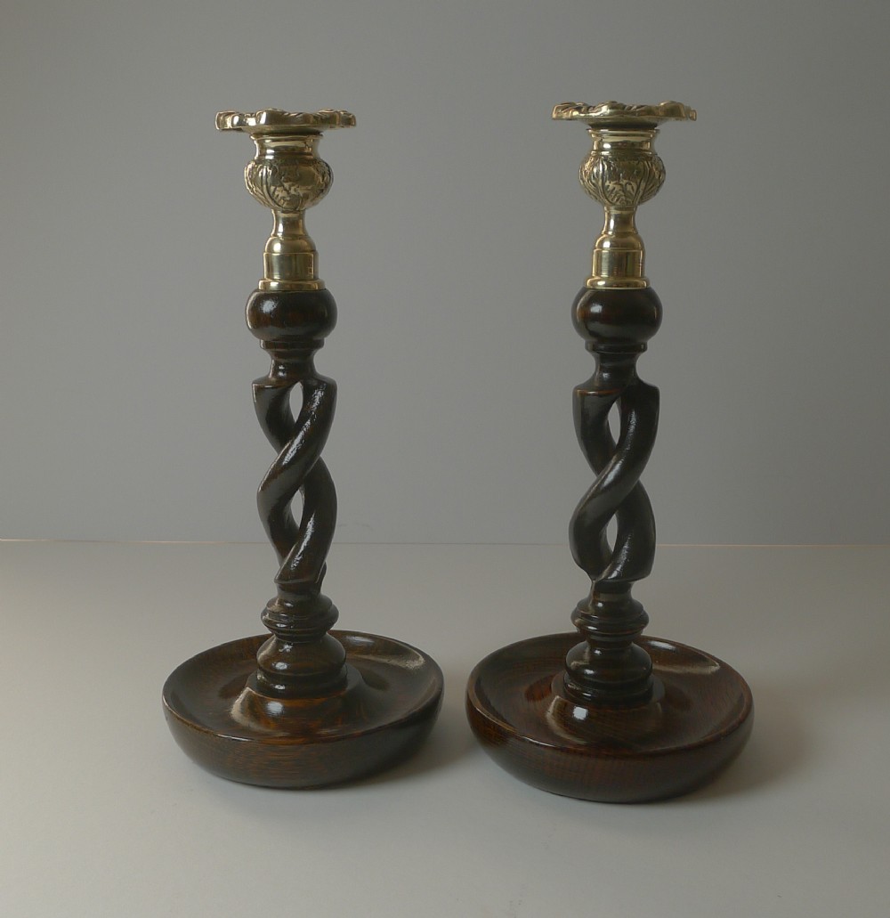 pair 10 14 antique english oak barley twist candlesticks brass thistle tops