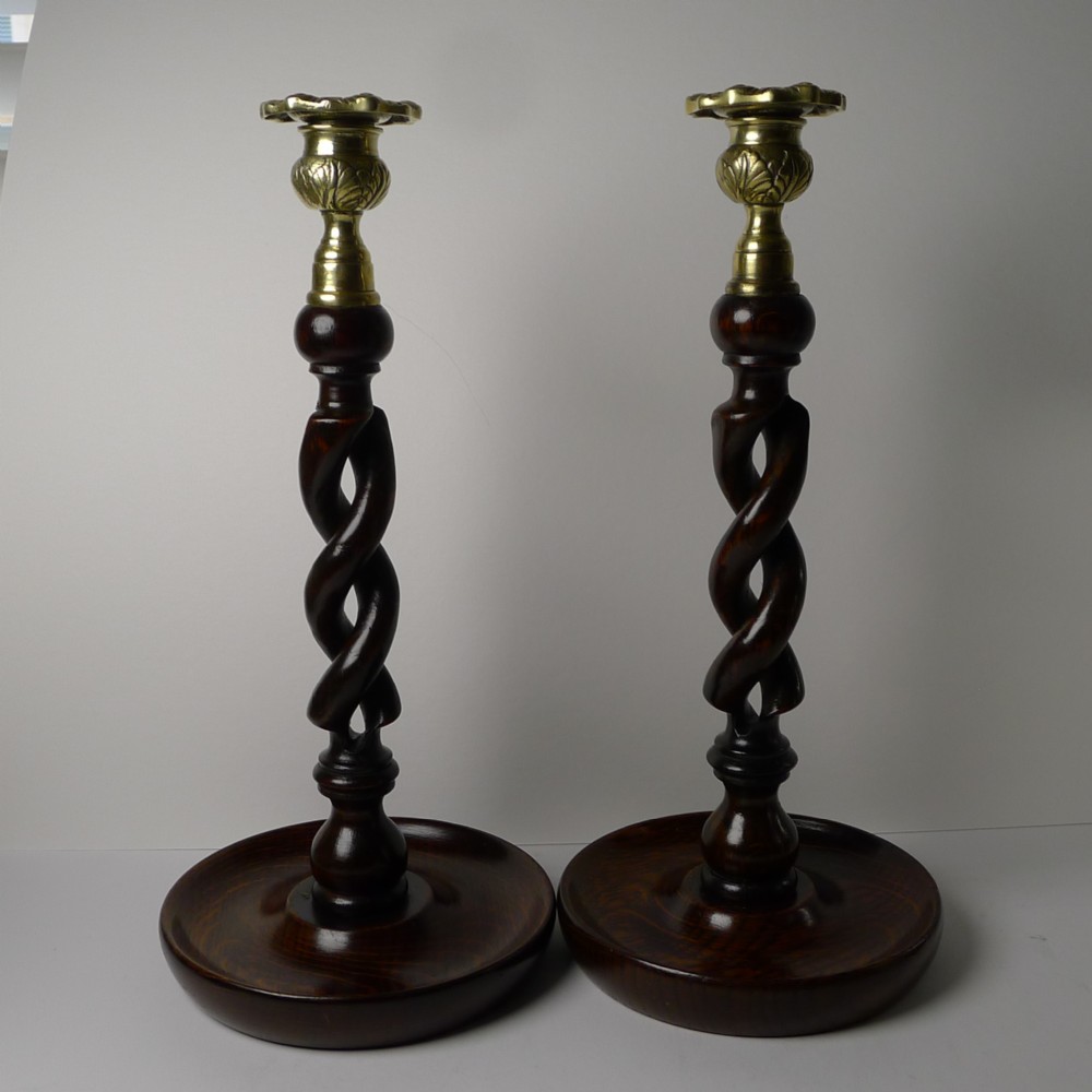 pair 12 antique english oak barley twist candlesticks brass thistle tops