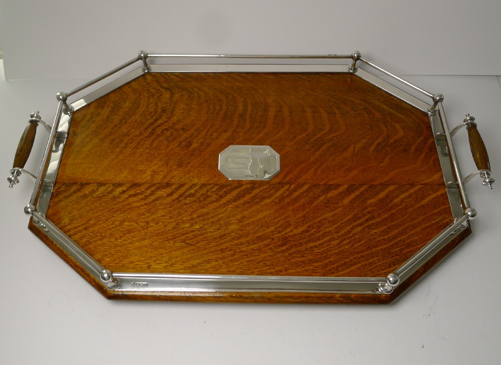 rare antique english oak solid sterling silver tray 1904