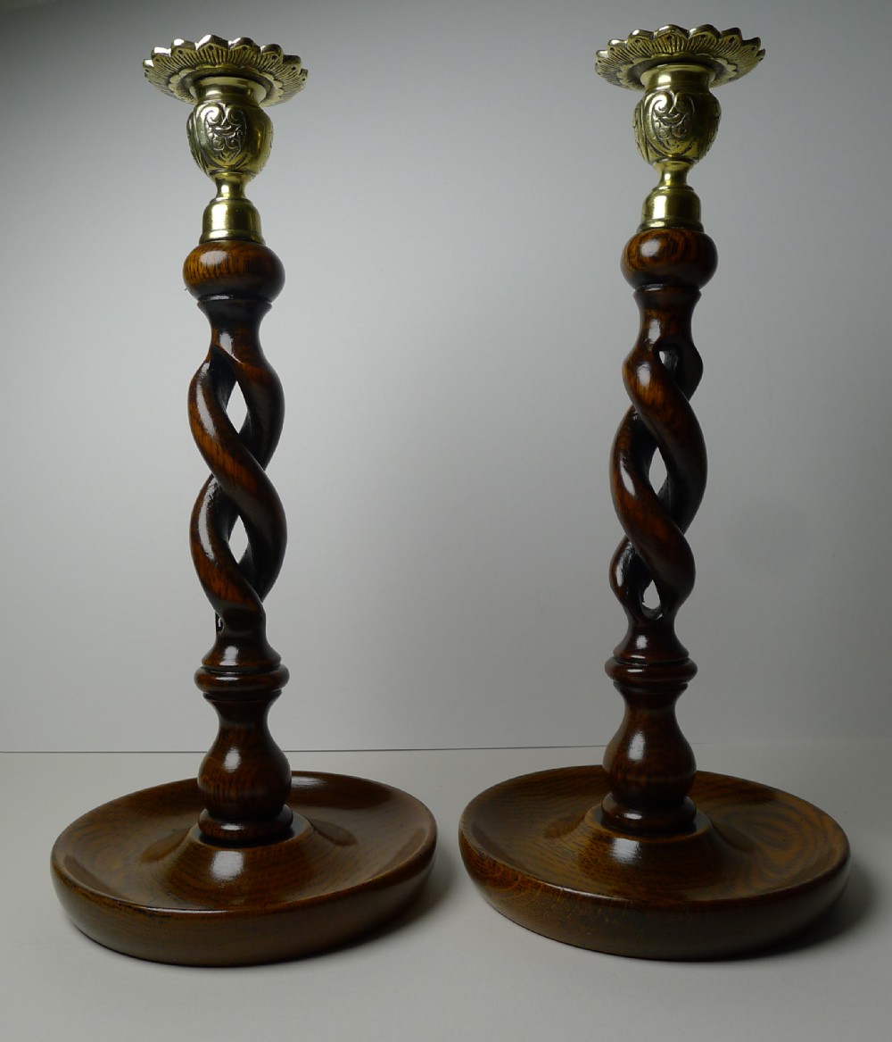 pair 12 antique english oak barley twist candlesticks brass tops