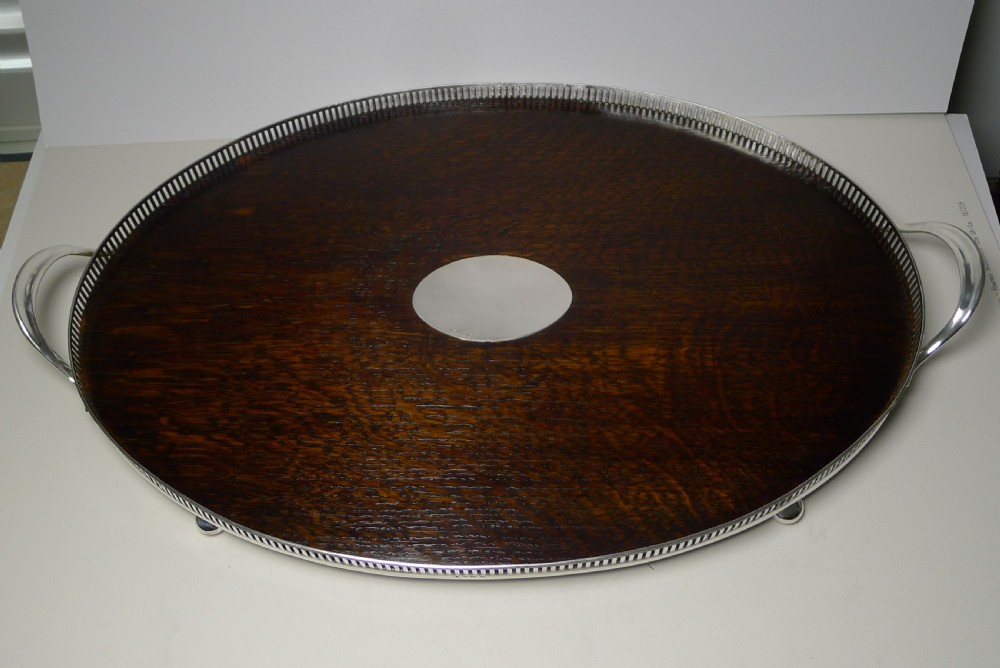 large antique english oak and sterling silver drinks tray 1902