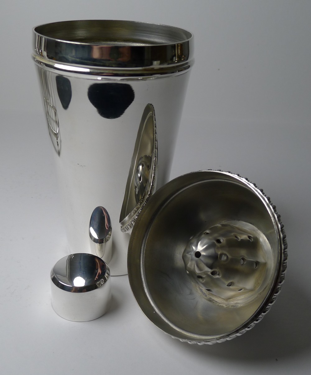 vintage italian silver plated cocktail shaker with integral lemon squeezer