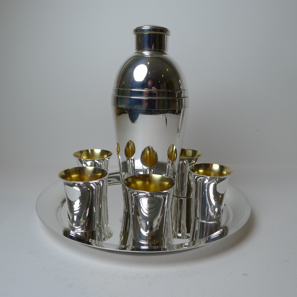 french silver plated cocktail shaker set with tray and cups c1940