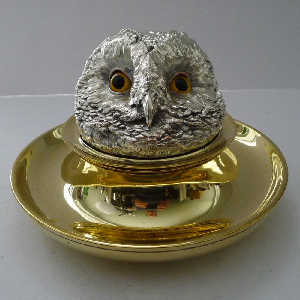 rare mammoth english victorian novelty inkwell owl with glass eyes c1880