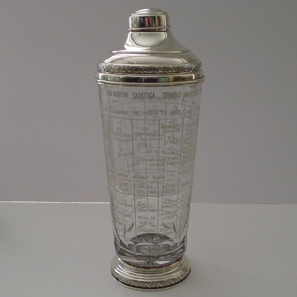 rare spanish sterling silver mounted art deco recipe cocktail shaker c1940