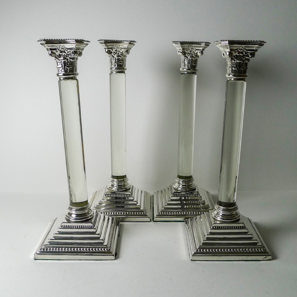 rare set four silver plate glass column candlesticks c1860