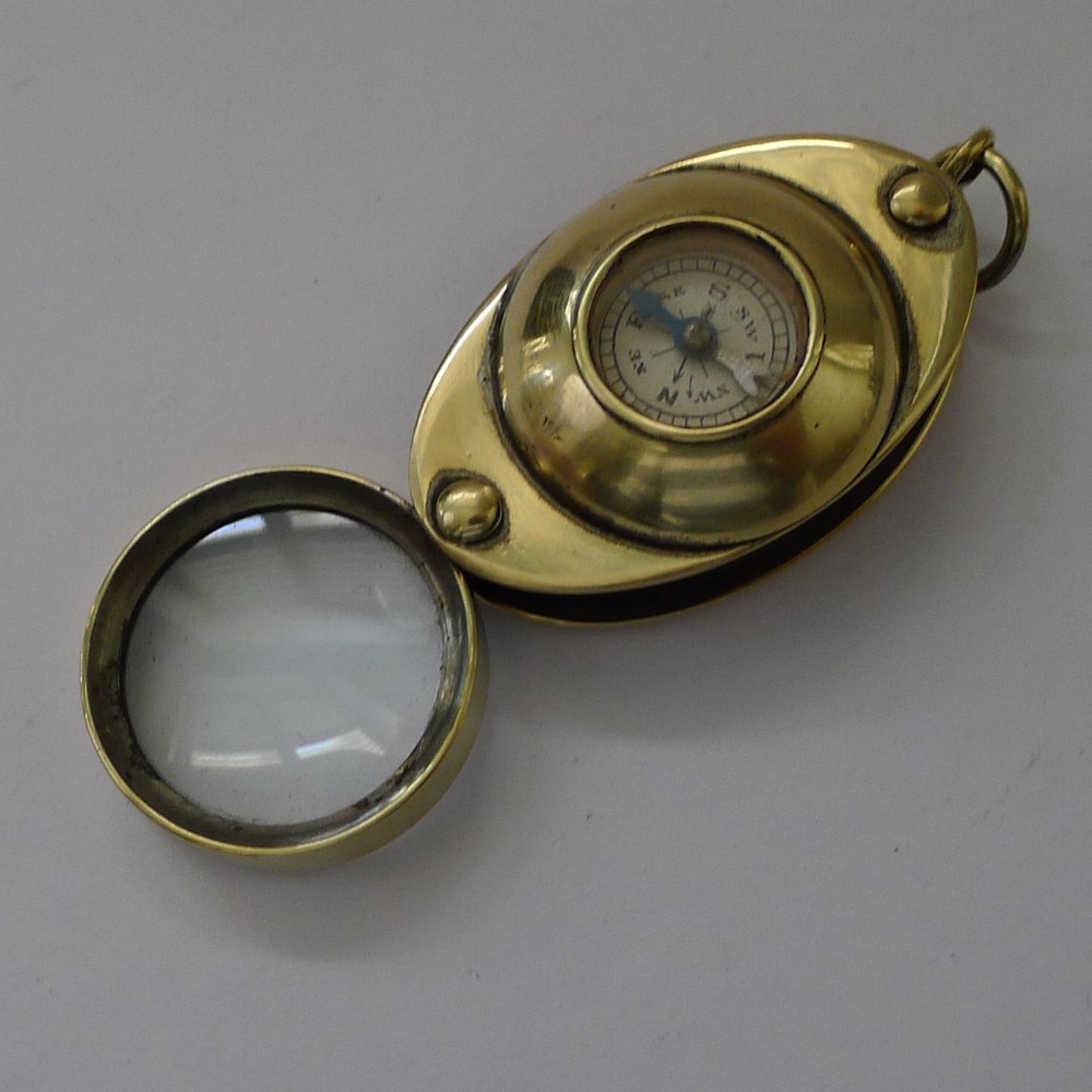 antique english pocket magnifying glass loop with compass c1910
