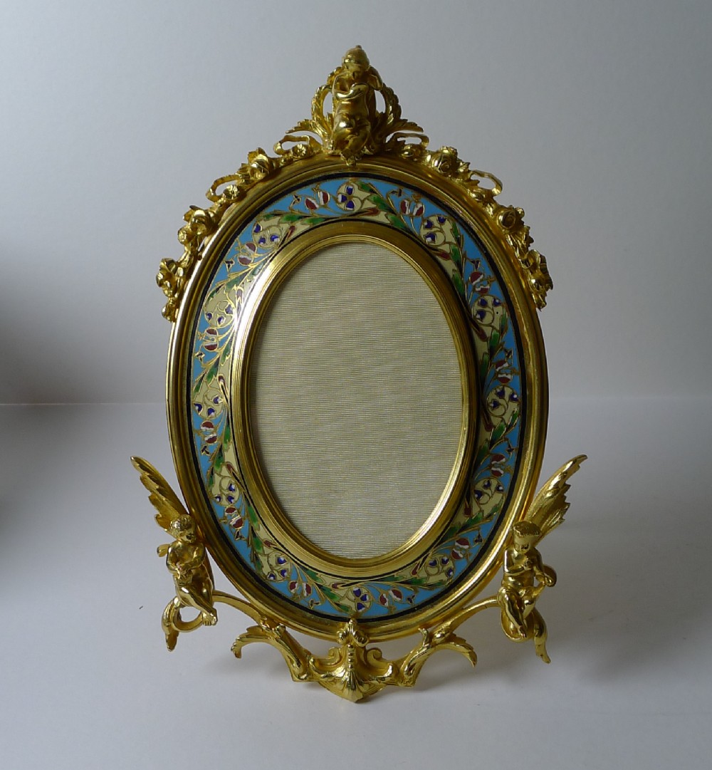 fine antique french gilded bronze and champleve enamel photograph frame c1890 cherubs