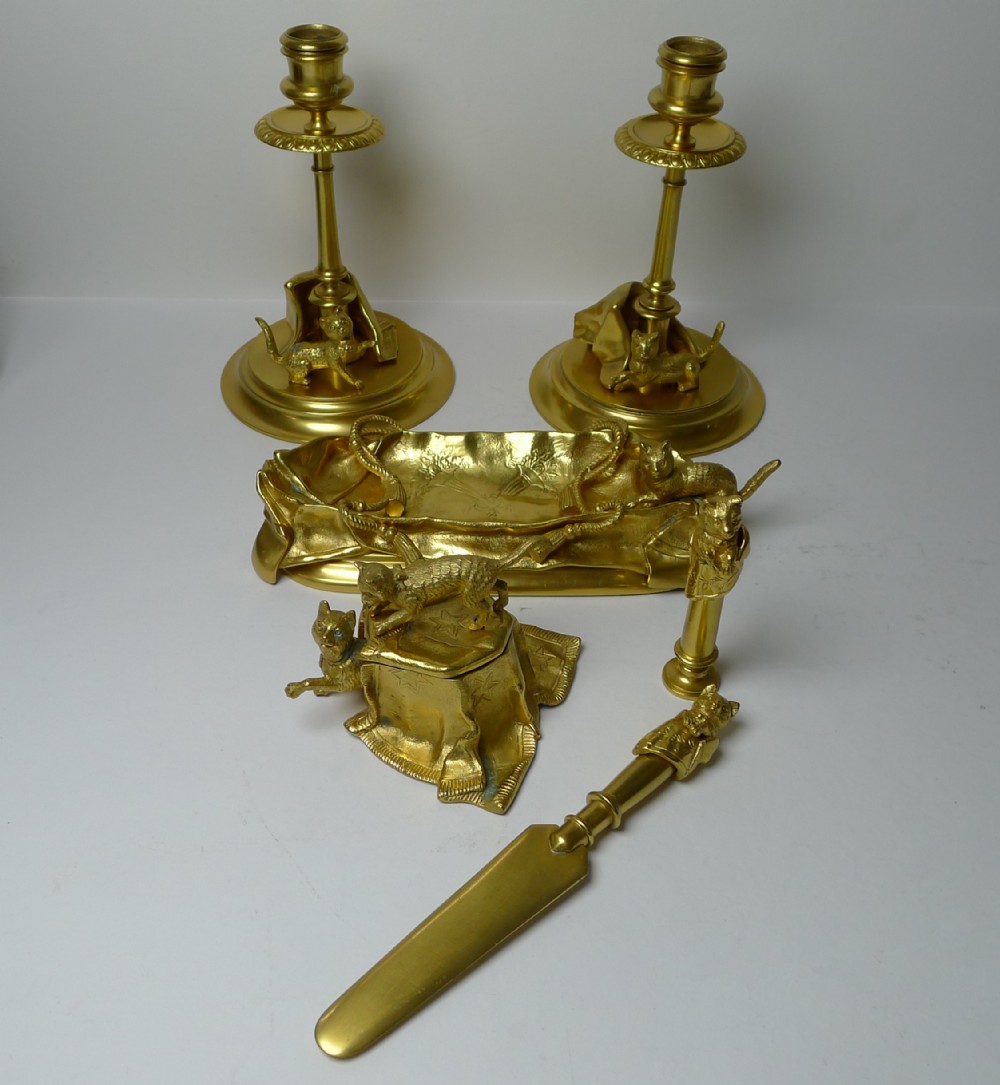 playing cats or kittens gilded bronze desk set c1890