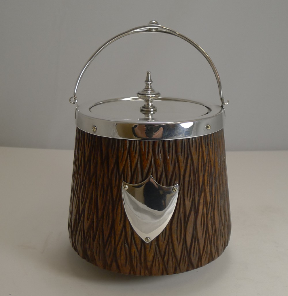 antique english handcarved oak and silver plate biscuit box barrel