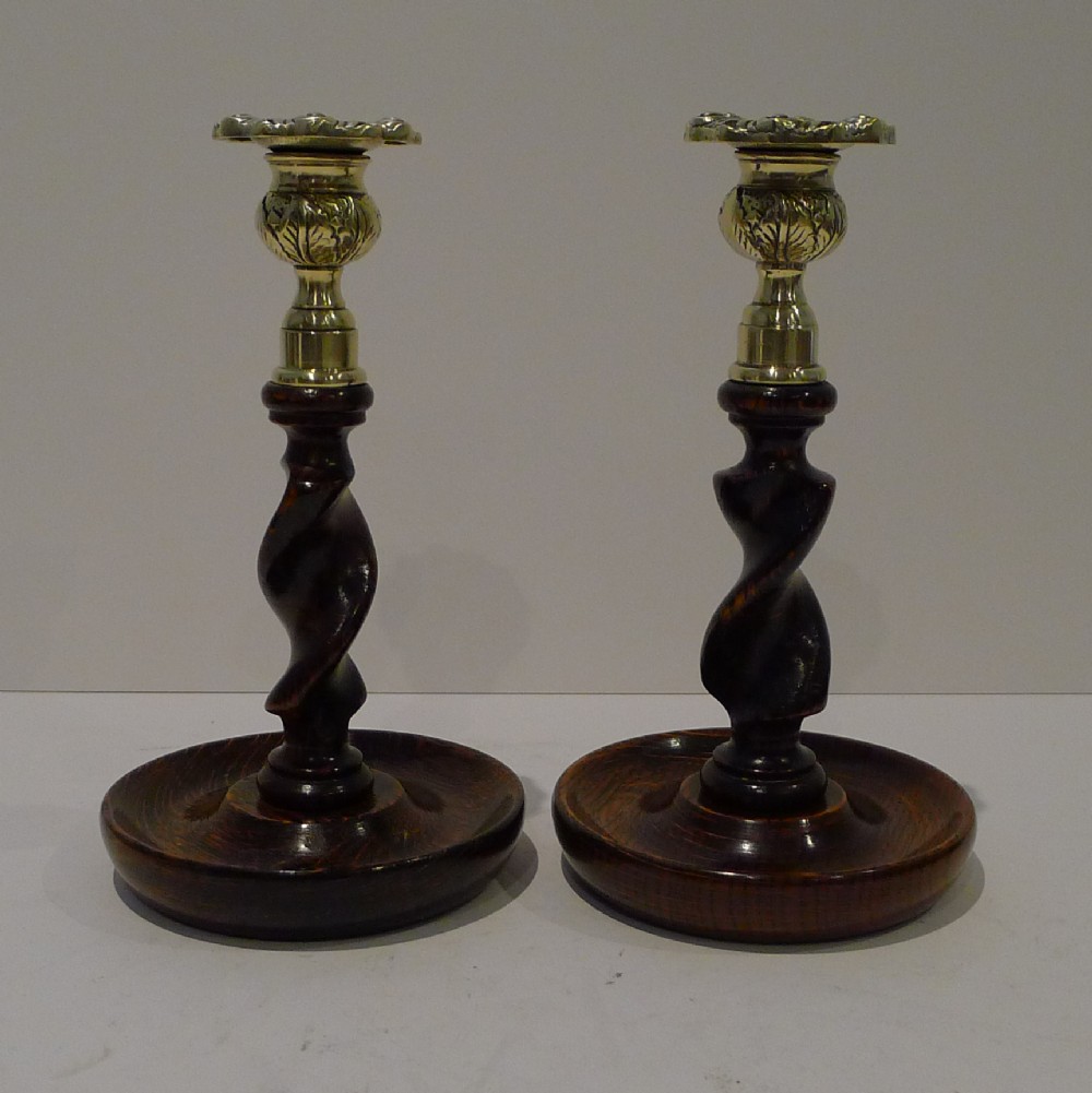 pair 8 antique english oak barley twist candlesticks brass thistle tops