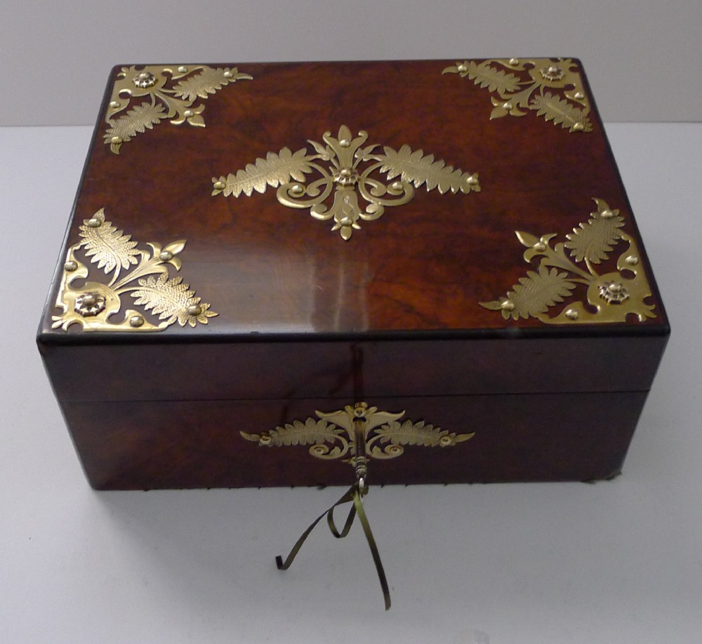 antique english brass fern mounted walnut jewellery box c1880