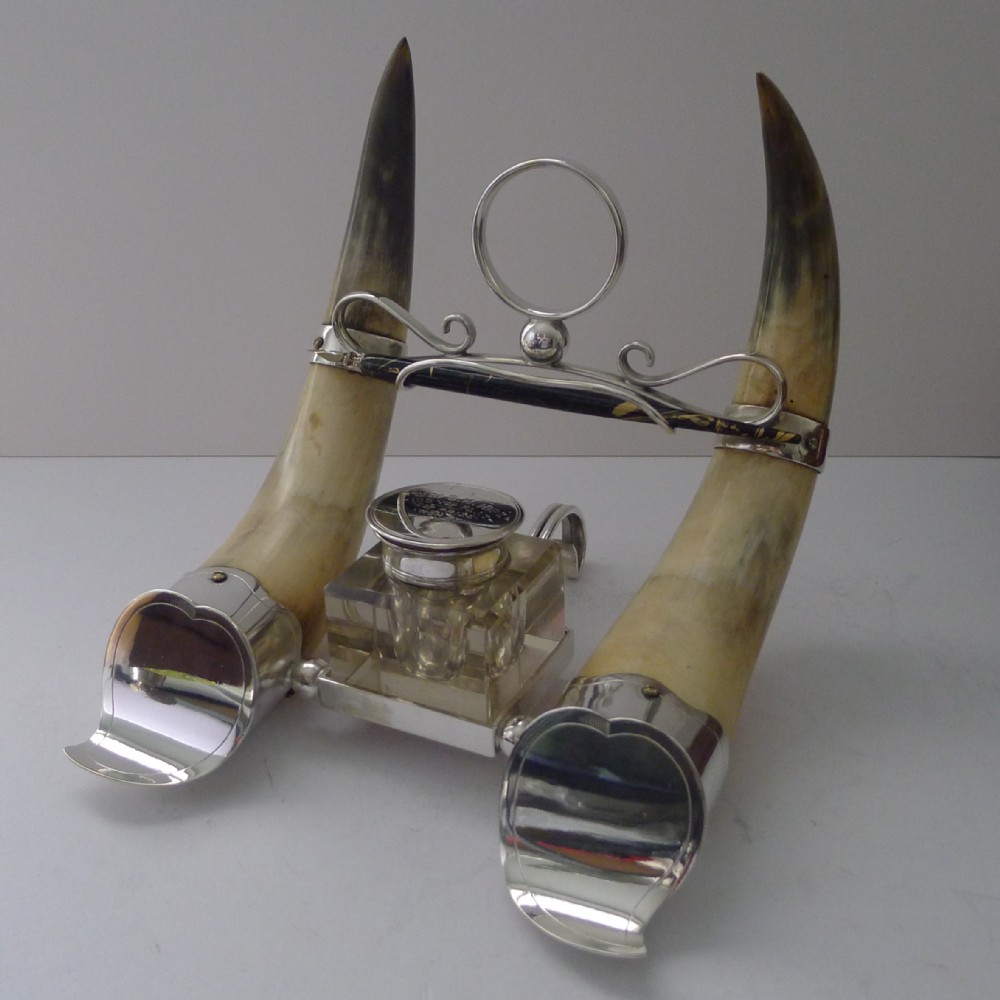handsome antique horn and silver plate inkwell dated 1897