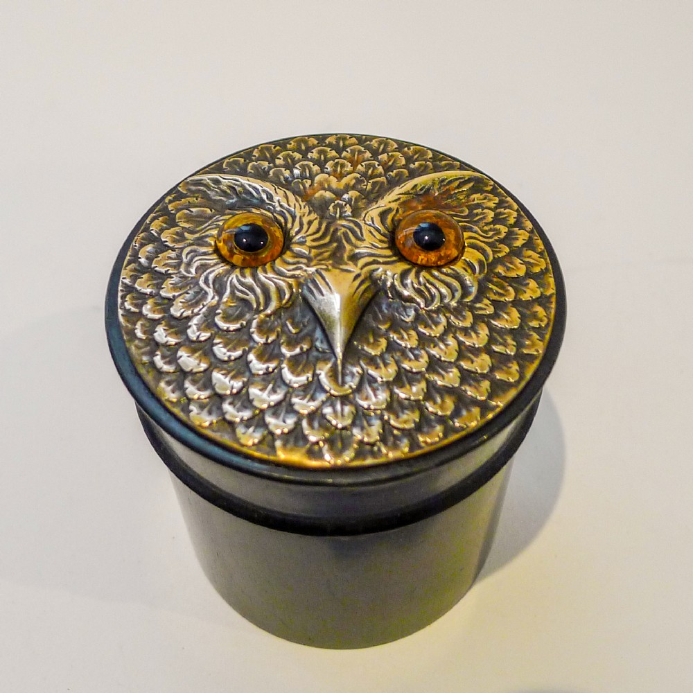 antique english ebony and brass owl powder box c1900