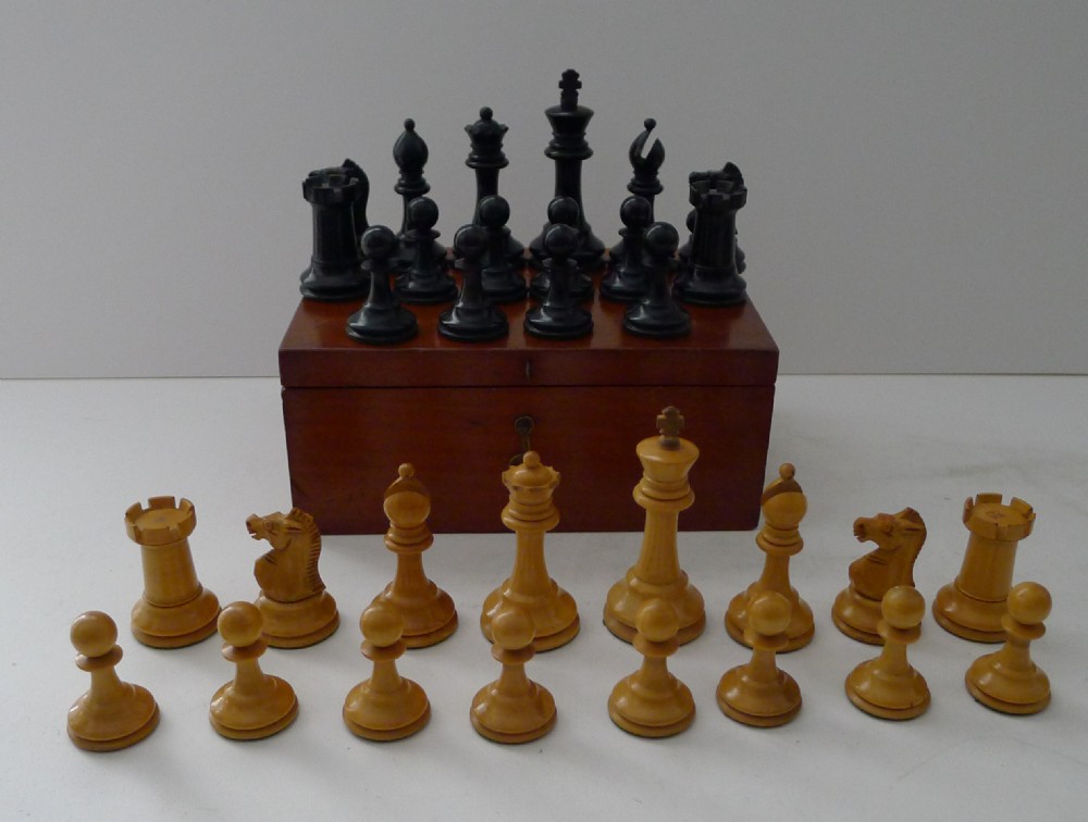 antique english staunton chess set with red crown marks c1900
