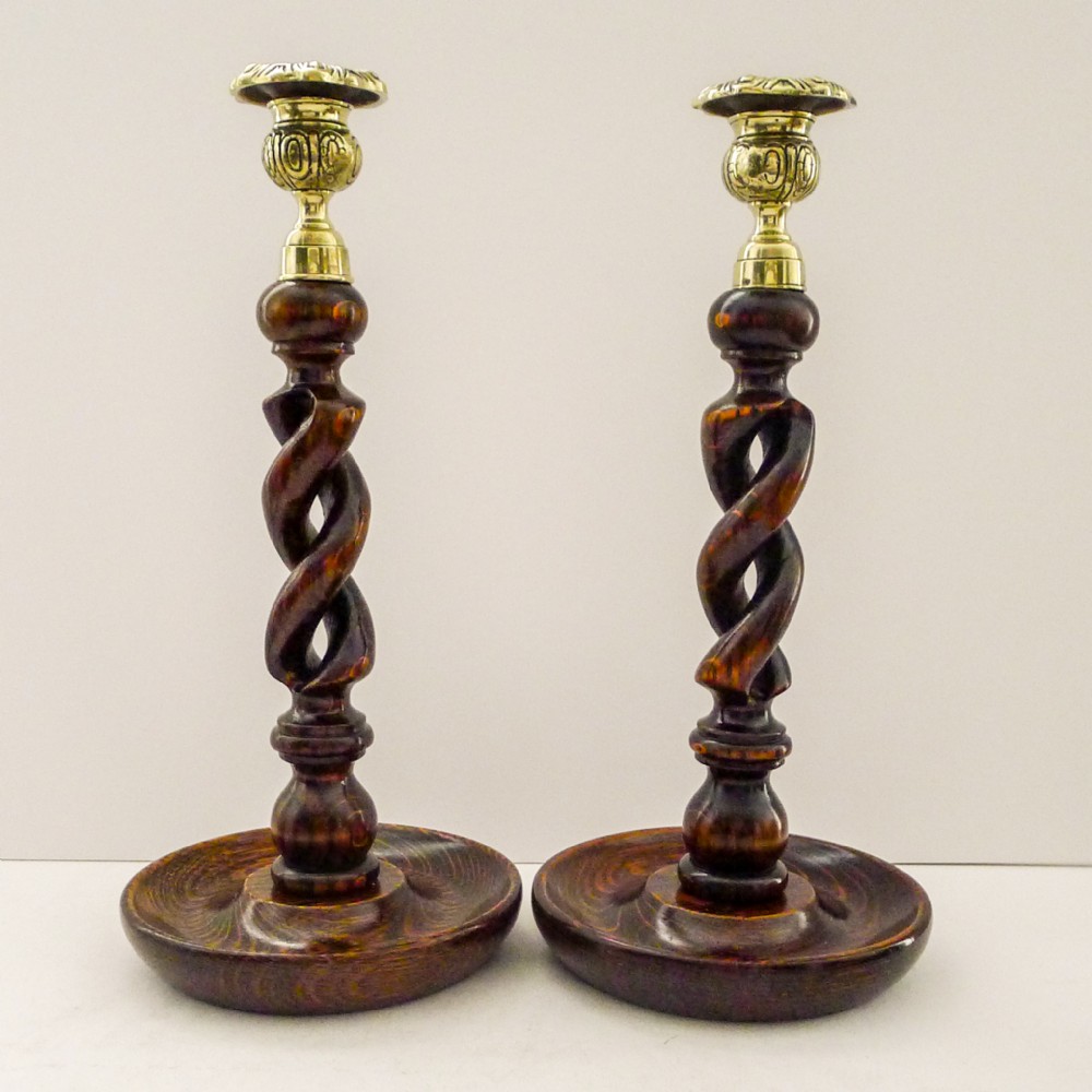 pair 12 antique english oak barley twist candlesticks brass tops