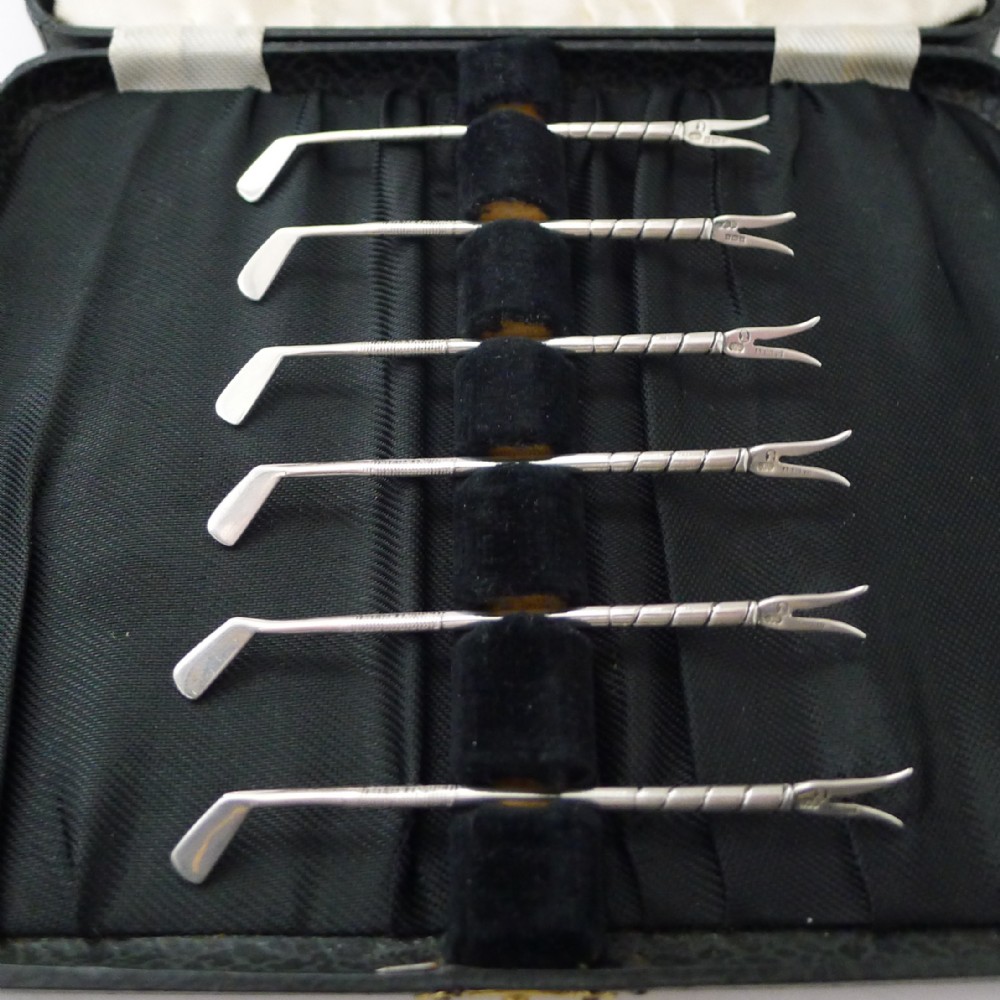 set six novelty solid sterling silver golf club cocktail sticks