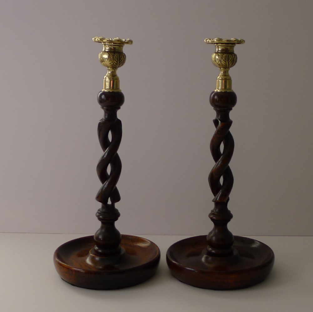 pair 12 12 antique english oak barley twist candlesticks brass tops