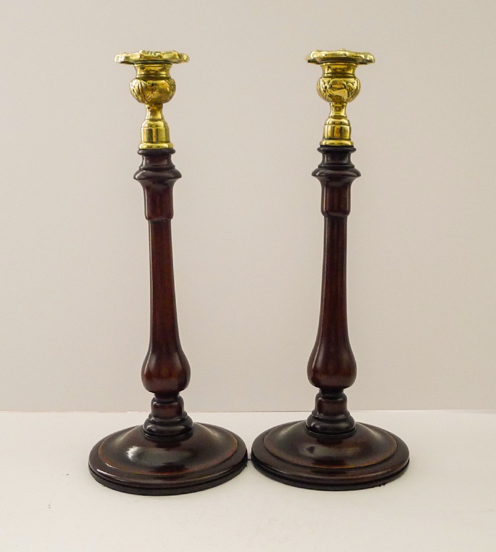 pair turned mahogany brass candlesticks c1900