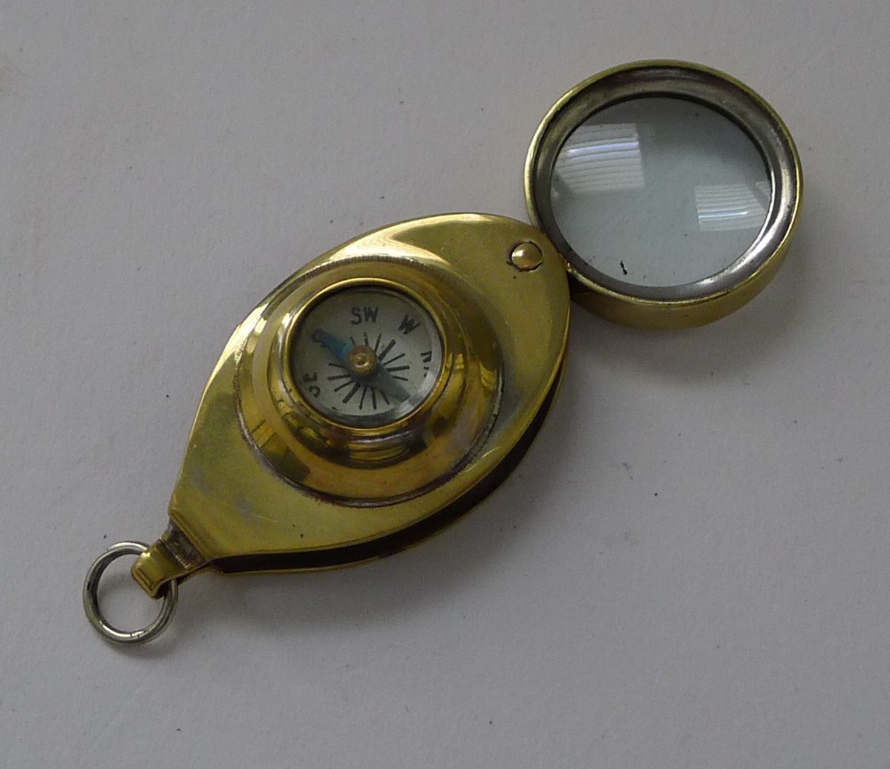 antique english pocket magnifying glass loop with compass c1920