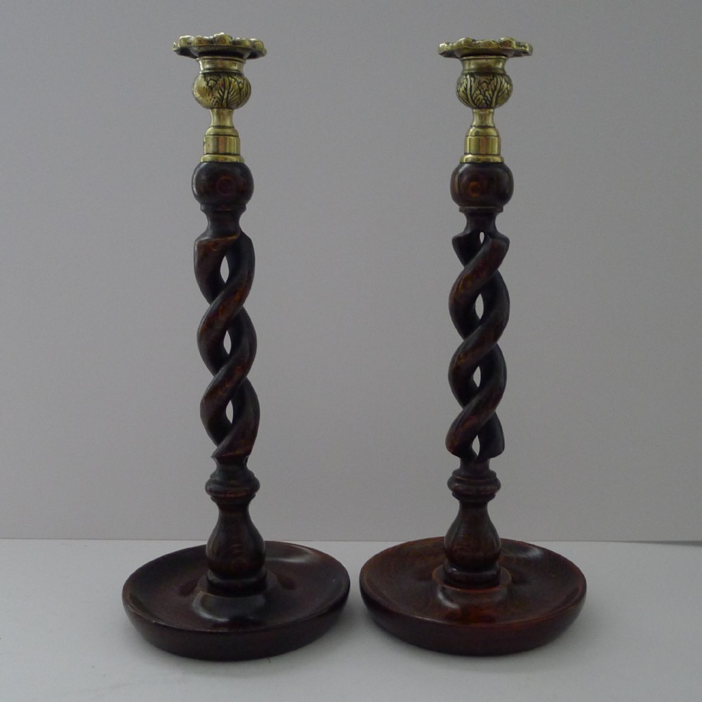 handsome tall 14 12 open oak barley twist candlesticks c1910