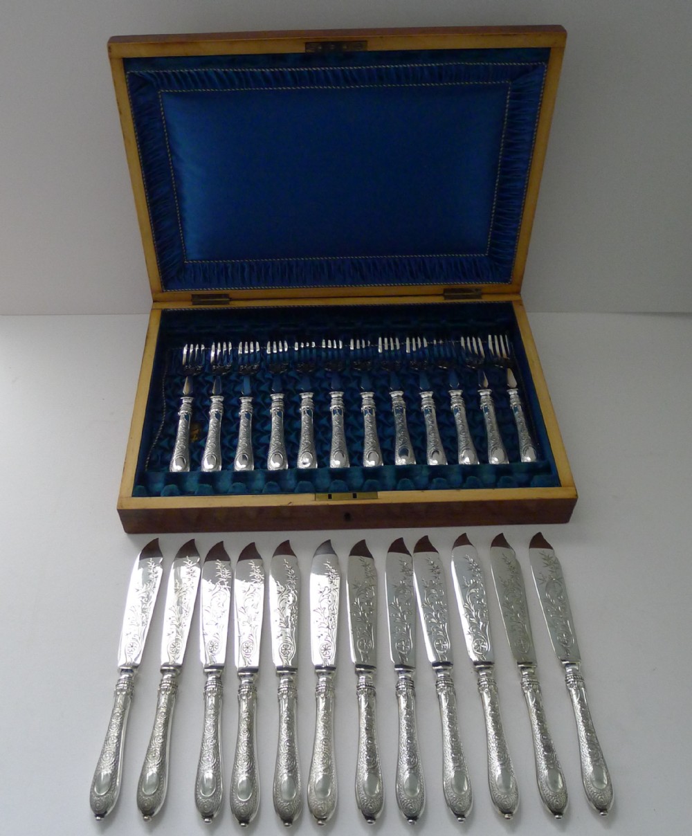 set twelve silver plated fish knives forks c1900